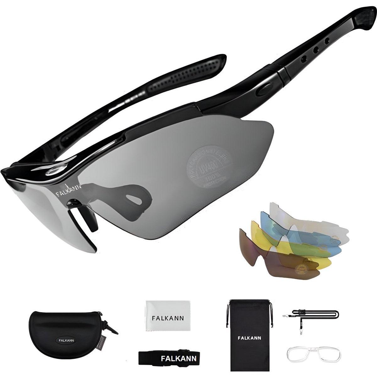 Falkann Basics Fietsbril Set - Sportbril met 5 Verwisselbare Lenzen Inclusief Gepolariseerde Lens - Zwart - FALKANN